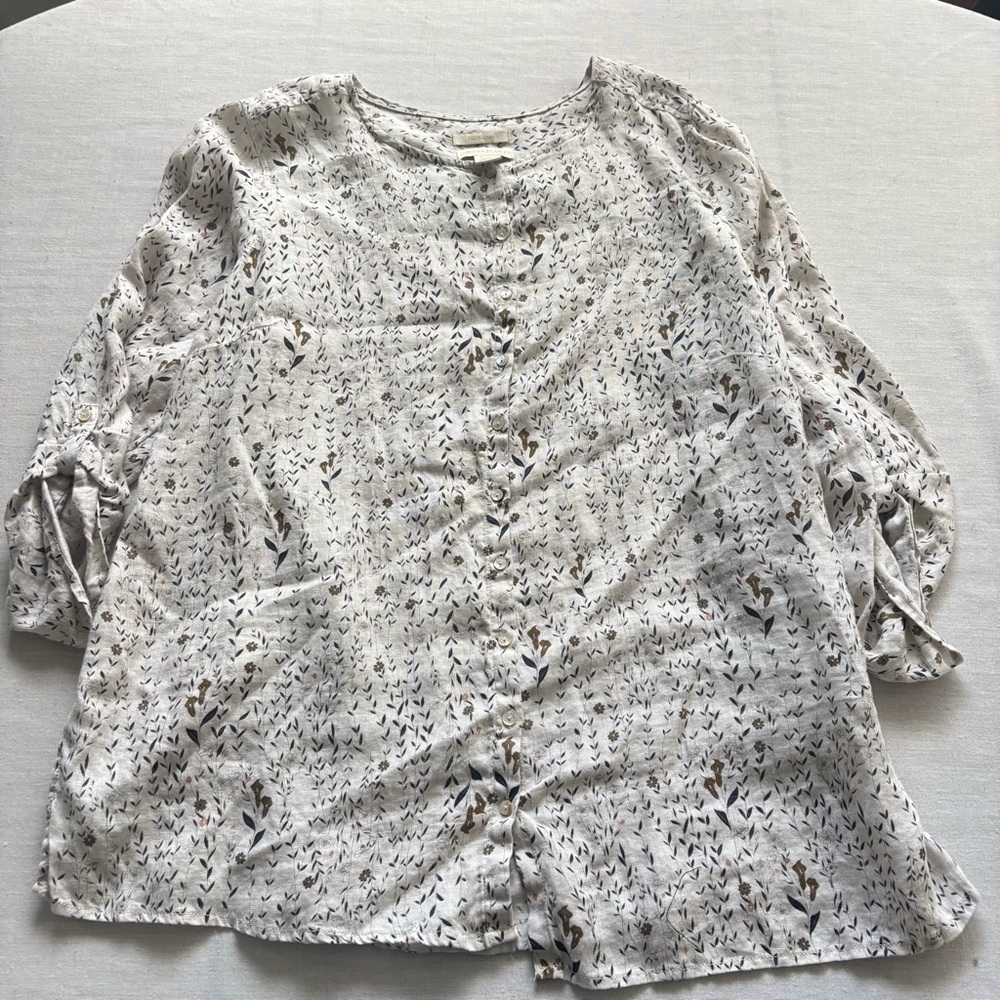 Cynthia Rowley Ivory Floral Print 100% Linen Button Blouse 2X